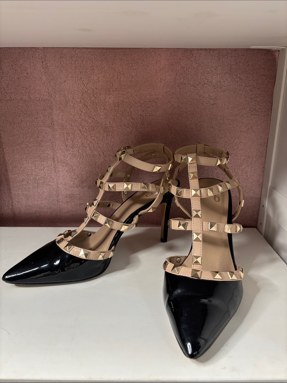 Mix No. 6 Black Patent Pointed-Toe Studded Strappy Heels with Nude Straps
